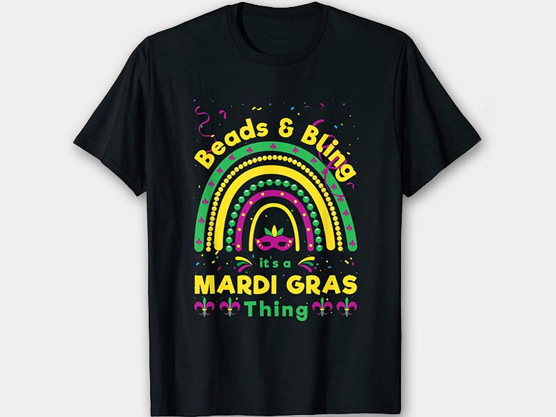 black t-shirt with a colorful rainbow and the words beads and bling it's a mardi gras thing