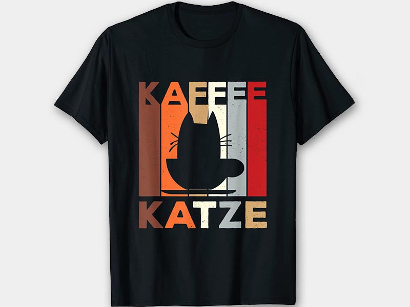 schwarzes T-Shirt Retro Style mit den Worten Kaffee und Katze und einer Shiloutte einer Katze in einer Kaffeetasse