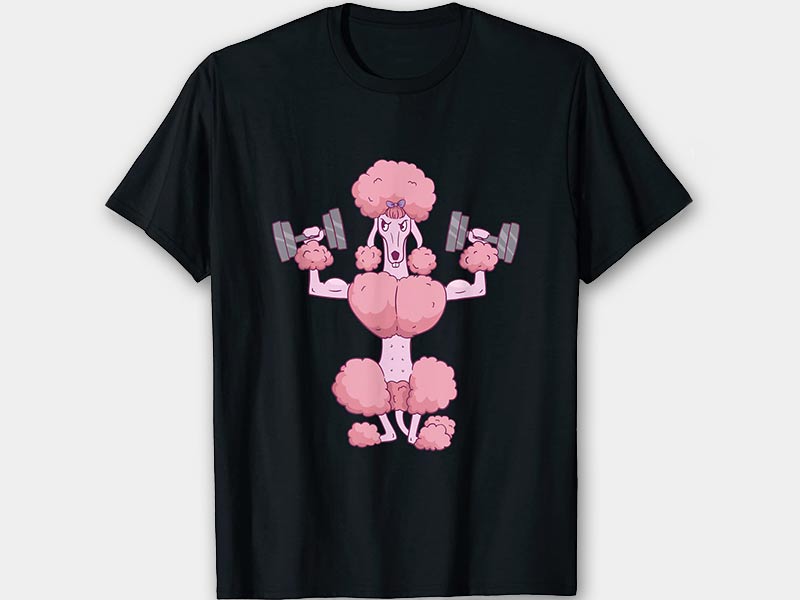 schwarzes T-Shirt mit Pink Pudle und Hanteln - Pudle der trainiert