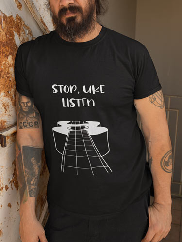 Stop Uke Listen T-Shirt Design - Ukele mit Schriftzug darüber
