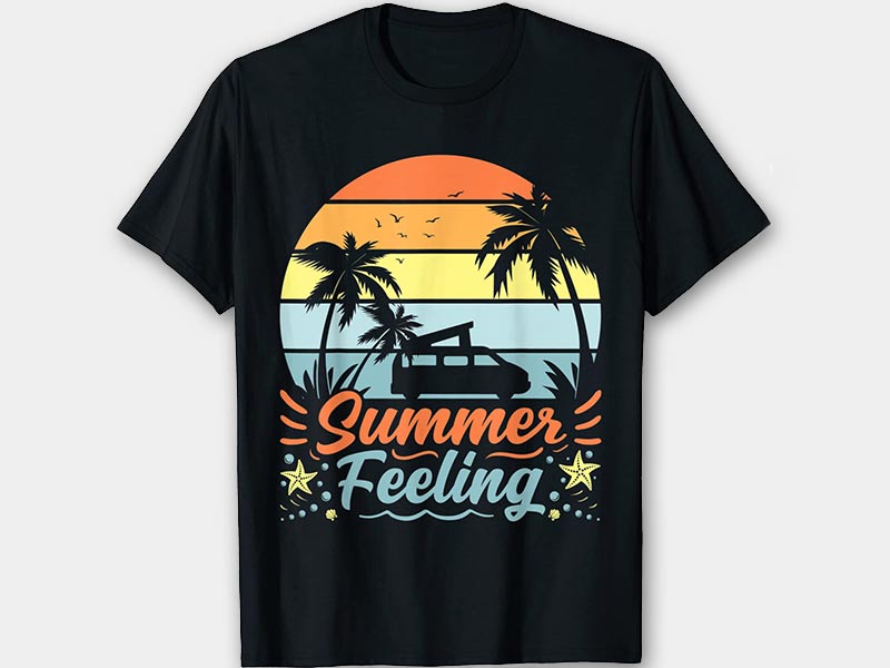 Schwarzes T Shirt mit tropischem Sonnenuntergang, Palmen, Hängematte und den Worten Summer Feeling