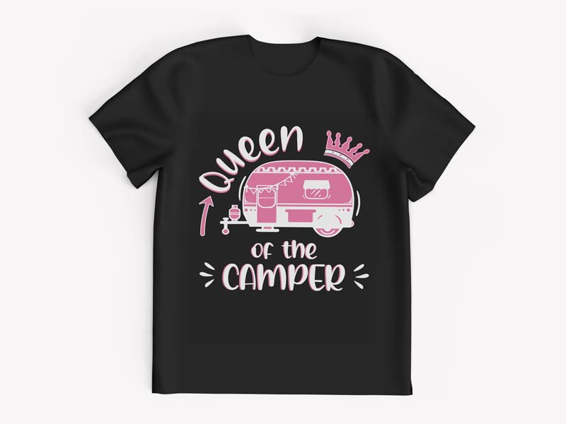 Wohnwagen und Krone mit pinkem Schriftzug Queen of the Camper