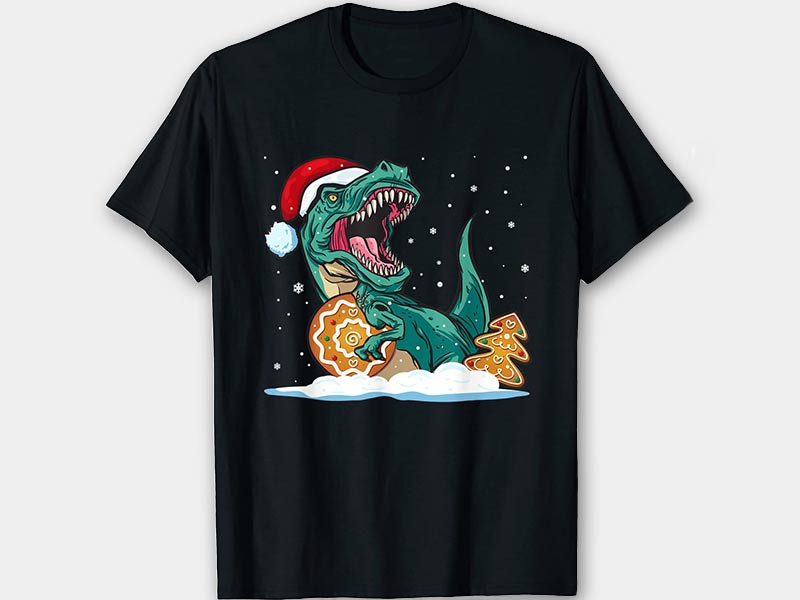 schwarzes T-Shirt mit T-Rex mit Weihnachtsmütze, Weihnachtskeks - Plätzchen und Schneeflocken