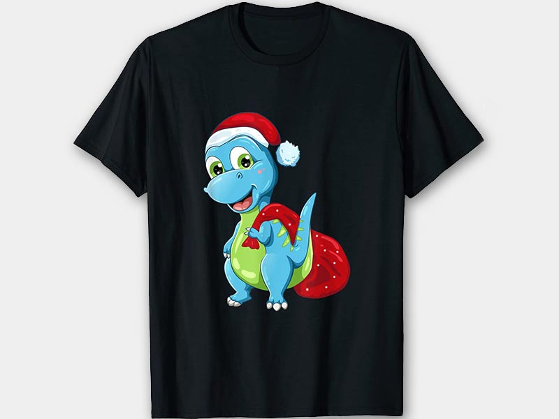 schwarzes T-Shirt mit Baby Dino und Weihnachtsmütze
